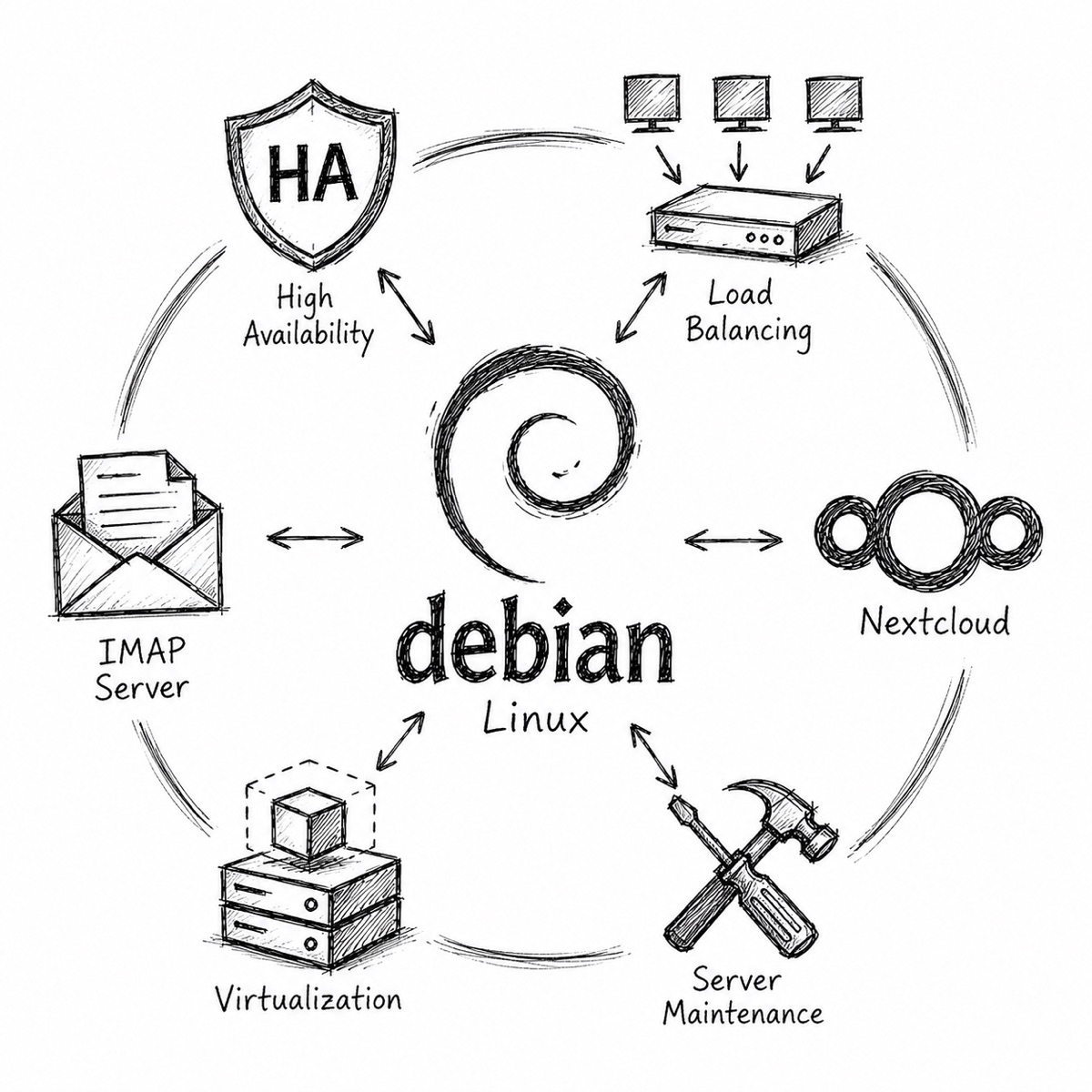 Handgezeichnetes Debian-Linux-Beratungsschema mit Hochverfügbarkeit, Lastverteilung, Nextcloud, Virtualisierung und Serverwartung