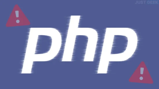 PHP-logo op een blauwe achtergrond met waarschuwingssymbolen