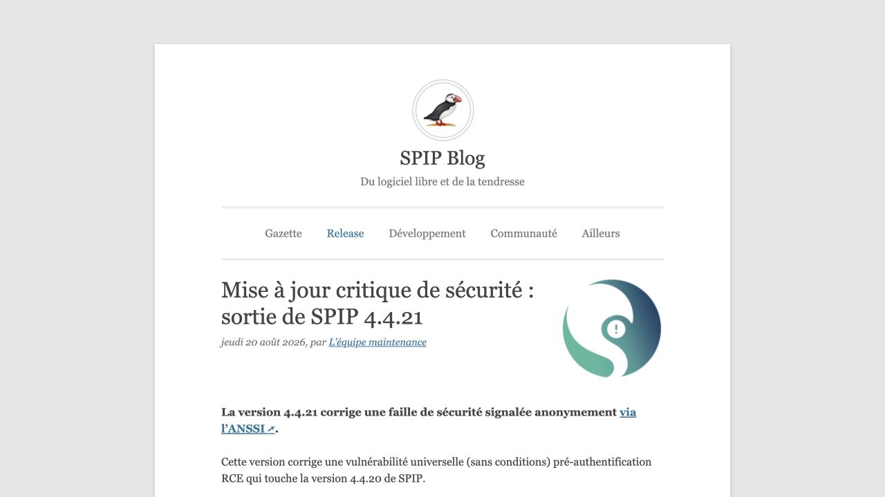 Screenshot der offiziellen Ankündigung im SPIP Blog zum Sicherheitsupdate SPIP 4.4.21